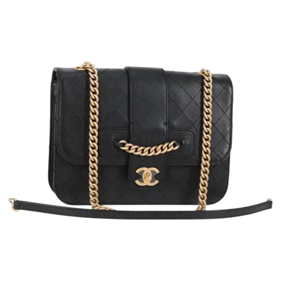 CHANEL Matelasse Chain Shoulder Bag Leather Black Gold CC Auth 118140AM - Picture 1 of 16